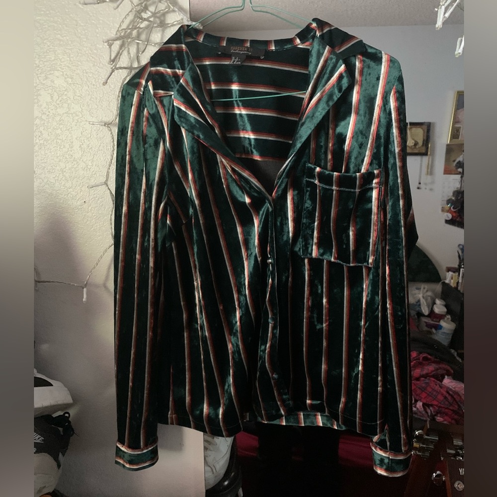 Green w/Stripes Velvet Button Up